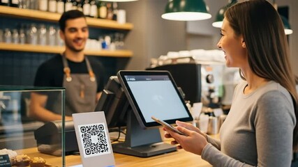 Contactless Payment at Coffee Shop - Woman Using QR Code. - Powered by Adobe