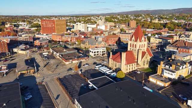 PENNSYLVANIA - 11.10.2025 - Very good aerial footage approaching the courthouse in downtown Uniontown, Pennsylvania.