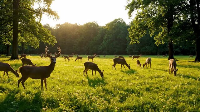 Herd of deer grazing in a lush green meadow surrounded by trees in nature landscape, beautiful wildlife scenic.