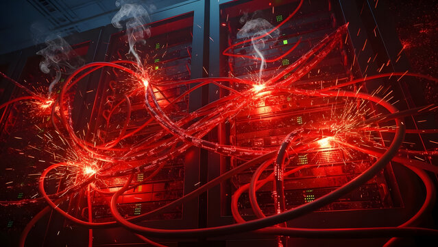 Data center malfunction with sparking electrical wires and smoke, indicating a critical system failure or cyber attack - Powered by Adobe