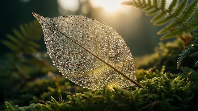 Delicate Skeleton Leaf with Morning Dew Drops in Forest Sunlight.