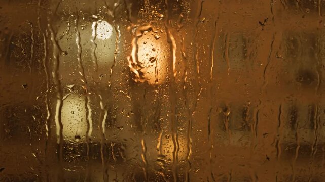Rainy night with water droplets on window, creating abstract pattern and wet atmosphere.  Blurred lights add to mood.