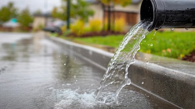Water flows from a black pipe into a puddle on a wet street during a downpour.