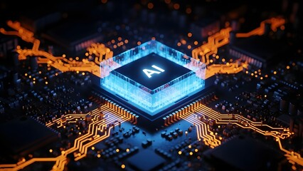 High-Tech Artificial Intelligence Processor Unit AI Chip on Digital Circuit Board with Glowing Data Flow
