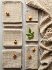 Beige waffle weave textile arrangement with wood accents and foliage