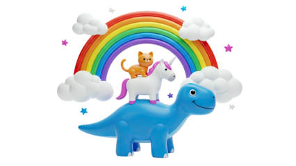 Cute 3D Cartoon Dinosaur, Unicorn, Cat, Rainbow, and Clouds