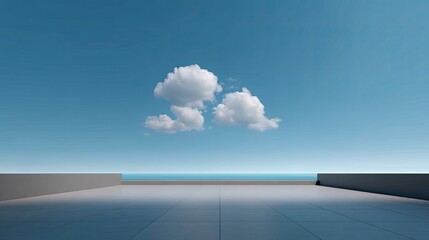 Fototapeta premium Serene Coastal View with Clear Blue Sky and Soft White Clouds Over Calm Ocean Horizon and Minimalistic Terrace Space for Relaxation and Reflection