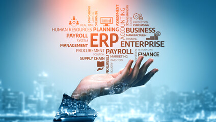 A conceptual image showcasing a hand presenting vital business concepts like enterprise resource planning, management systems, and payroll solutions against a vibrant city backdrop. Tessel