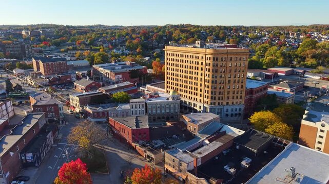 PENNSYLVANIA - 11.10.2025 - Incredible aerial footage circling historic buildings in downtown Uniontown, Pennsylvania.