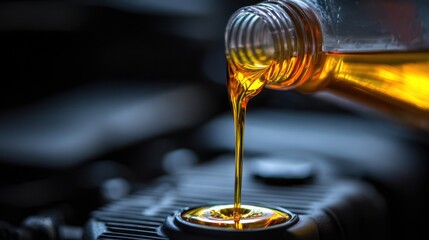 Closeup of technician pouring new synthetic engine oil into vehicle engine highlighting texture and viscosity.