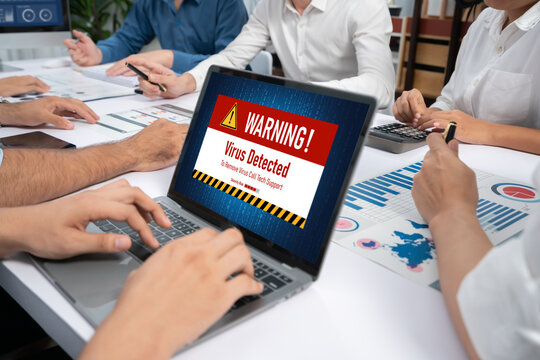 Virus warning alert on computer screen detected brisk cyber threat , hacker, computer virus and malware - Powered by Adobe