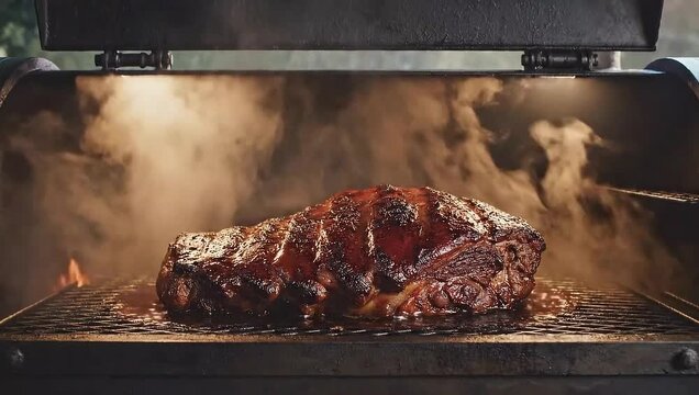 Succulent Barbecue Meat Smoking on a Hot Grill with Aromatic Plumes, Perfect for Slow Roasting and Outdoor Cooking