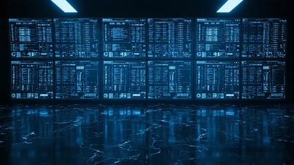 Abstract data visualization with glowing monitors, futuristic technology, and complex code displayed in server room with blue lighting. - Powered by Adobe