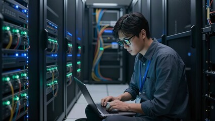 Asian male IT engineer using a laptop while sitting between rows of server racks in a data center