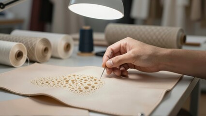 Artisan hand sews intricate perforated patterns into beige leather in a studio under a desk lamp