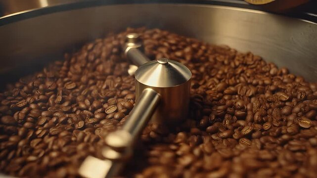 Close up of coffee beans roasting in a commercial roaster machine.