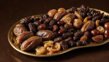 Obraz premium Assortment of Dried Fruits and Nuts on a Decorative Platter.