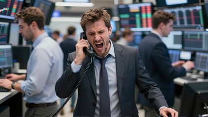 Stressed stock trader shouting into a telephone on a busy trading floor with financial monitors
