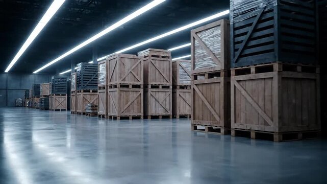 Warehouse interior with rows of wooden crates on pallets, logistics and shipping concept, storage facility, industrial.