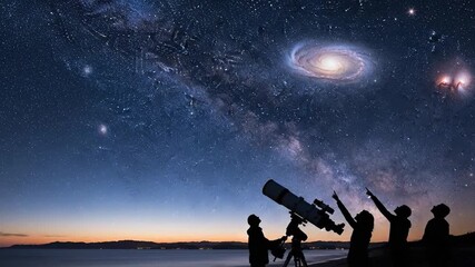 Silhouetted Figures Observing Stars with Professional Telescope with Copy Space
