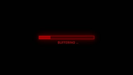Intense red neon progress bar displaying the word BUFERING in the center against a stark black background symbolizing data stream Generate title without using the word "Title:" before it