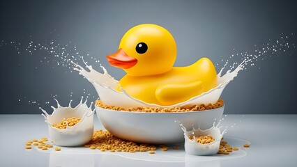 Yellow rubber duck in a splash with cereal on gray background