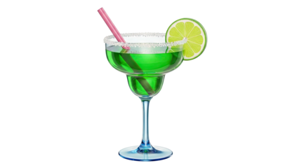 Green Margarita Cocktail with Lime and Pink Straw