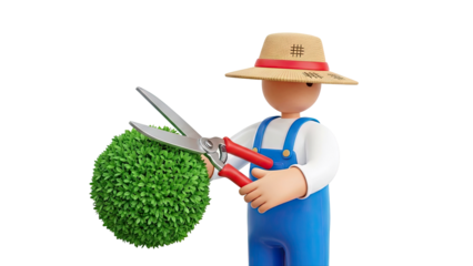 Cartoon Farmer Pruning a Green Bush with Shears