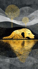 Sleeping Golden Dog Reflected In Water With Dreamy Background