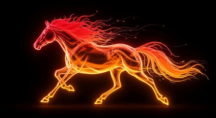 Running horse formed by glowing fire lines symbolizing power speed energy strength on dark background.