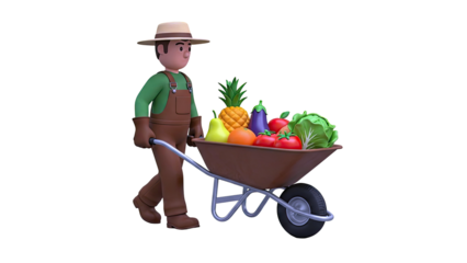 Cartoon Farmer Pushing Wheelbarrow Full of Produce