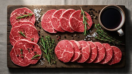 Delicately Sliced Wagyu Beef Displayed Alongside Rich Dark Wine Preparation