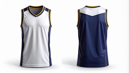 Reversible basketball jerseys in white and navy blue with yellow trim