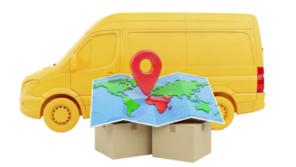 Yellow Delivery Van with World Map, Pin, and Boxes