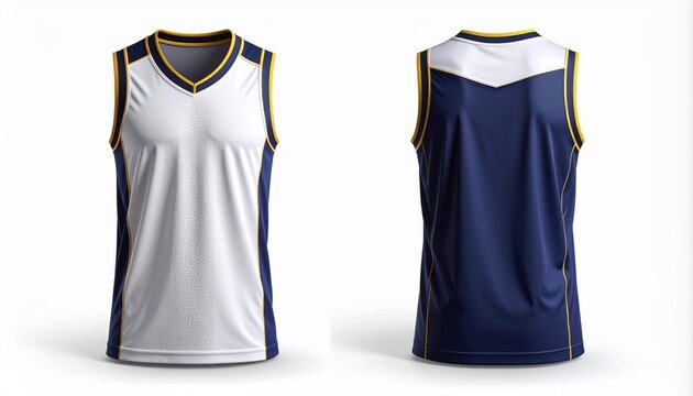 Reversible basketball jerseys in white and navy blue with yellow trim