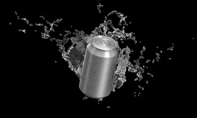 Aluminum soda can with water splashes in air on black background