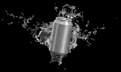 Aluminum soda can with water splashes in air on black background