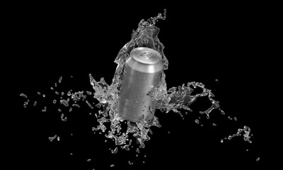 Aluminum soda can with water splashes in air on black background