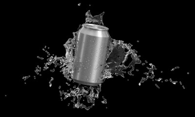 Aluminum soda can with water splashes in air on black background
