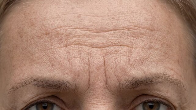 Close up of an aging womans forehead showing wrinkles and fine lines.