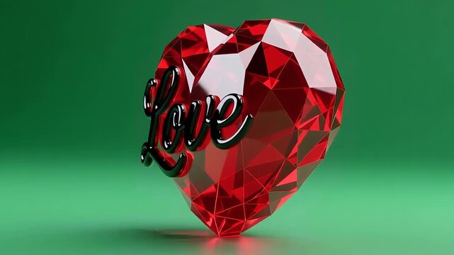 Red diamond heart with love inscription in elegant cursive script with shiny reflective surface on green gradient background for valentines day