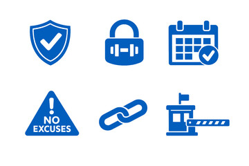 Discipline reinforcement icon set with habit protection, routine control and consistency defense. Monocromatic flat vector icons for habit apps, planners, UI dashboards and self improvement platforms.