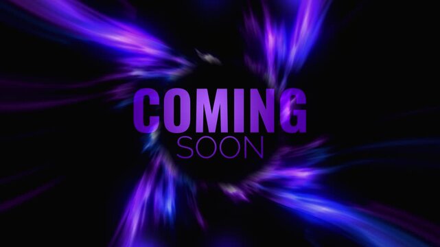 Coming Soon Text with Abstract Purple Energy Swirls on Black Background