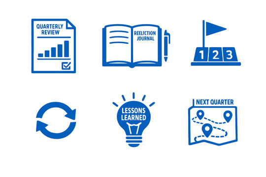 Quarterly review icon set with reflection, progress evaluation and reset planning. Monocromatic flat vector icons for planners, productivity apps, UI dashboards and strategy tools.
