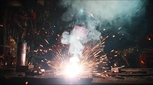 Professional welder in protective mask working with metal in dark industrial workshop creating bright sparks and smoke