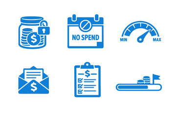 Financial discipline icon set with savings habits, budgeting control and expense limits. Monocromatic flat vector icons for finance apps, planners, UI dashboards and websites.