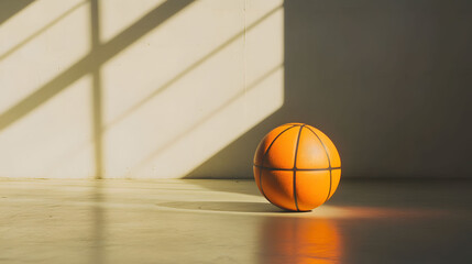 A solitary basketball illuminated by a dramatic shaft of sunlight, casting long, sharp shadows on a polished wooden floor, creating a cinematic and contemplative sports scene