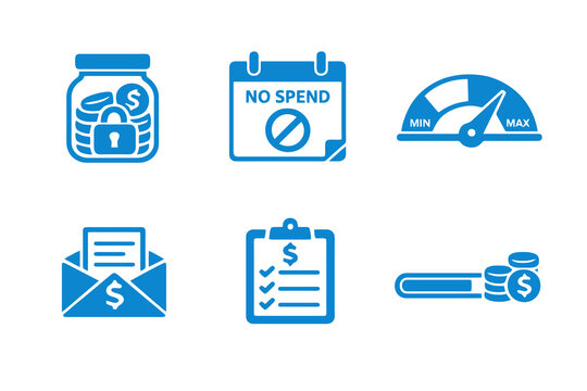 Saving habits icons set featuring budget control, expense discipline and money progress. Clean monocromatic vector symbols for apps, planners and digital finance systems.