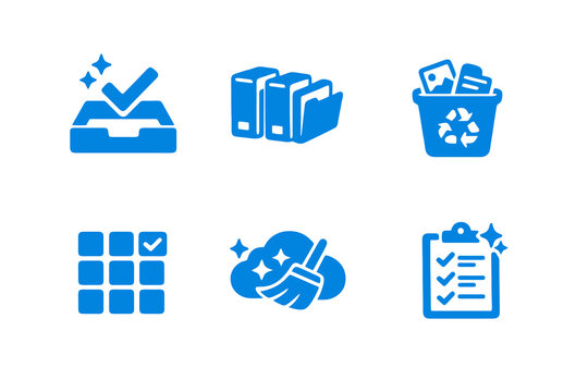 Digital declutter icon set with inbox zero, file cleanup and organization. Monocromatic flat vector icons for productivity apps, UI dashboards and digital systems.