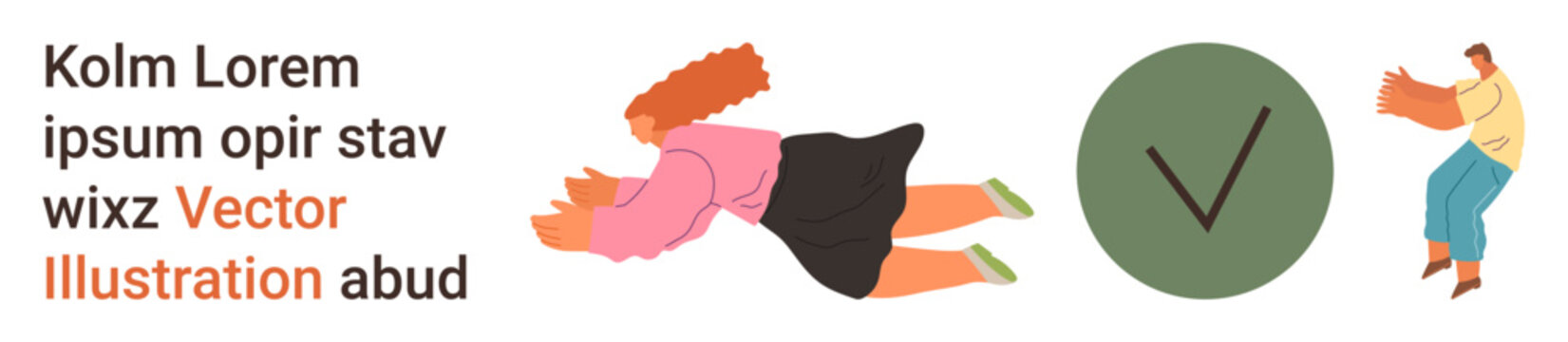 Communication, approval, graphic design, teamwork, motion, creativity. Woman flying, green checkmark man in motion lorem ipsum text. Communication and approval concepts